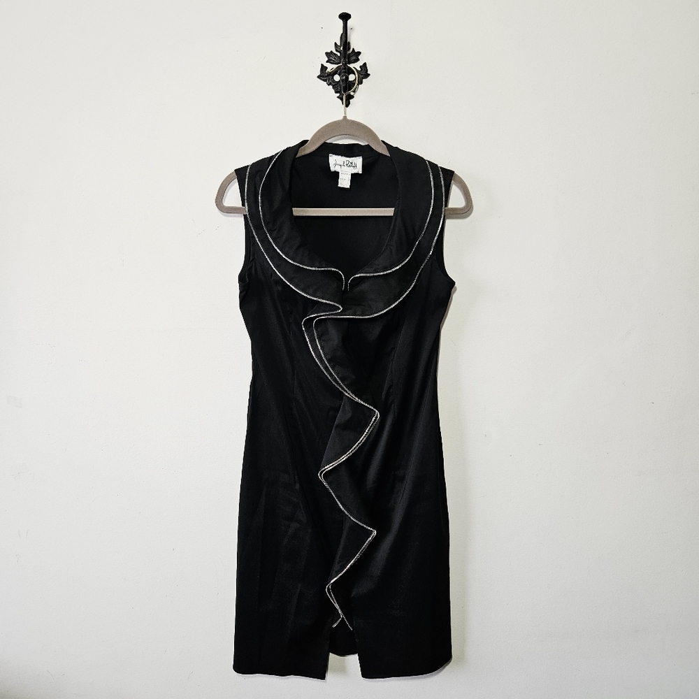 Joseph Ribkoff Waterfall Ruffle Zipper Dress Size 10 Black Sleeveless Zip EUC